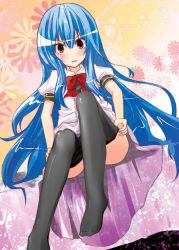 Rule 34 | 1girl, bed, black panties, black pantyhose, blue hair, clothes pull, dutch angle, female focus, highres, hinanawi tenshi, long hair, mr.milk caramel, no headwear, no headwear, panties, pantyhose, pantyhose pull, red eyes, sitting, solo, touhou, underwear, undressing