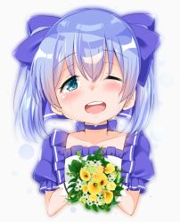 Rule 34 | 1girl, ;d, blue bow, blue choker, blue eyes, blue hair, bouquet, bow, cacao (chocolat), choker, collarbone, crying, crying with eyes open, flower, frilled shirt, frills, gloves, grey background, hair between eyes, hair bow, head tilt, heart, highres, holding, holding bouquet, nijisanji, one eye closed, open mouth, puffy short sleeves, puffy sleeves, round teeth, shirt, short sleeves, simple background, smile, solo, tears, teeth, twintails, upper teeth only, virtual youtuber, white flower, white gloves, white shirt, yellow flower, yuuki chihiro, yuuki chihiro (1st costume)