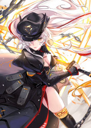 Rule 34 | 1girl, absurdres, barcode, barcode tattoo, black dress, black hat, black jacket, black thighhighs, breasts, broken, broken chain, chain, character request, chest tattoo, claudia (tower of fantasy), cleavage, closed mouth, cropped jacket, dress, eyelashes, fighting stance, floating hair, hat, highres, holding, holding sword, holding weapon, jacket, long hair, long sleeves, looking at viewer, medium breasts, military, military hat, military uniform, multicolored hair, one eye covered, peaked cap, puffy sleeves, red hair, red ribbon, ribbon, sidelocks, slashing, solo, standing, streaked hair, sword, tattoo, thighhighs, tower of fantasy, uniform, vardan, very long hair, weapon, white background, white hair, yellow eyes