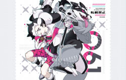 Rule 34 | 1boy, belt, bike shorts, black hair, boots, commentary, creatures (company), cropped jacket, eyeshadow, game freak, gen 8 pokemon, green eyes, grey eyeshadow, holding, holding microphone stand, jacket, kusuribe, long hair, makeup, male focus, microphone stand, multicolored hair, nintendo, obstagoon, open mouth, outline, piers (pokemon), pokemon, pokemon (creature), pokemon swsh, shirt, symbol-only commentary, two-tone hair, watermark, white hair, white jacket