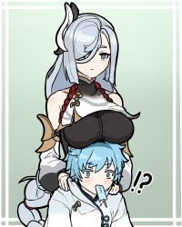 Rule 34 | !?, 1boy, 1girl, age difference, aunt and nephew, bare shoulders, blue eyes, blue hair, blush, braid, breast rest, breasts, child, chongyun (genshin impact), chroong, food, genshin impact, grey eyes, grey hair, hair ornament, hair over one eye, half-closed eyes, hands on another&#039;s shoulders, highres, ice cream, large breasts, long hair, long sleeves, low-braided long hair, low-tied long hair, onee-shota, puffy long sleeves, puffy sleeves, shenhe (genshin impact), surprised, very long hair