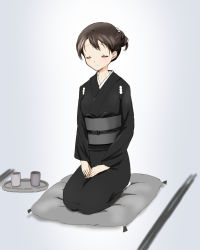 Rule 34 | 1girl, black kimono, dress, funeral dress, funeral kimono, japanese clothes, kimono, kinfuji, original, seiza, sitting, touge chayako