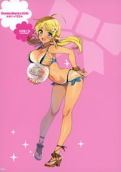 Rule 34 | 1girl, :d, absurdres, adjusting clothes, adjusting swimsuit, ahoge, ball, beachball, bikini, bikini tan, blonde hair, blue eyes, blush, bracelet, breasts, cleavage, flower, full body, hachimiya meguru, hair bobbles, hair flower, hair ornament, high heels, highres, huge filesize, idolmaster, idolmaster shiny colors, jewelry, large breasts, layered bikini, long hair, looking at viewer, low twintails, necklace, ootomo takuji, open mouth, pink background, pulled by self, sandals, scan, see-through, side-tie bikini bottom, simple background, skindentation, smile, solo, stomach, striped bikini, striped clothes, swimsuit, tan, tanline, twintails