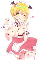 Rule 34 | 1girl, ;d, absurdres, alternate costume, apron, black ribbon, black wings, blonde hair, bow, breasts, c8oyk, chocolate, chocolate on body, chocolate on breasts, coat, collar, commentary request, demon wings, detached collar, dress, enmaided, fingernails, food on body, frilled apron, frilled collar, frills, garter straps, gluteal fold, green eyes, groin, hair between eyes, hair bow, hands up, has bad revision, has downscaled revision, head tilt, head wings, heart, highres, idolmaster, idolmaster cinderella girls, idolmaster cinderella girls starlight stage, large breasts, maid, maid headdress, md5 mismatch, miyamoto frederica, nail polish, neck ribbon, no bra, no panties, one eye closed, open mouth, pink bow, pink dress, pink nails, resolution mismatch, ribbon, short hair, simple background, smile, solo, source smaller, thigh gap, thighhighs, waist apron, white apron, white background, white coat, white thighhighs, wings, wrist cuffs
