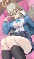 Rule 34 | 1girl, akane (blue archive), blue archive, bow, bowtie, breasts, brown eyes, cafenami, cleavage, glasses, highres, light brown hair, long hair, long sleeves, smile, solo