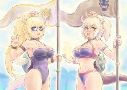 Rule 34 | 2girls, :d, banner, bikini, black-framed eyewear, blonde hair, blush, bowser logo, bowsette, bowsette (cosplay), breasts, collar, commentary, cosplay, covered navel, d:, earrings, embarrassed, english commentary, fate (series), fingernails, fire, flag, glasses, holding, horns, jeanne d&#039;arc alter (swimsuit berserker) (fate), jeanne d&#039;arc (fate), jeanne d&#039;arc (ruler) (fate), jeanne d&#039;arc (swimsuit archer) (fate), jeanne d&#039;arc (swimsuit archer) (second ascension) (fate), jeanne d&#039;arc alter (fate), jeanne d&#039;arc alter (swimsuit berserker) (fate), jewelry, kensaint, large breasts, leotard, lizard tail, looking at viewer, mario (series), midriff, multiple girls, new super mario bros. u deluxe, nintendo, open mouth, pointy ears, ponytail, purple bikini, purple leotard, smile, studded bracelet, studded collar, super crown, swimsuit, tail, yellow eyes