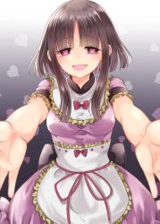 Rule 34 | 1girl, apron, black background, blunt bangs, breasts, brown hair, commentary request, cowboy shot, dress, foreshortening, gradient background, grey background, heart, heart-shaped pupils, highres, looking at viewer, medium breasts, mimoto (aszxdfcv), nishida satono, open mouth, outstretched arms, pink dress, pink eyes, reaching, reaching towards viewer, red neckwear, short hair with long locks, short sleeves, smile, solo, symbol-shaped pupils, touhou, white background