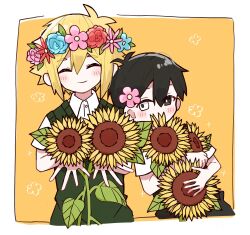 Rule 34 | 2boys, antenna hair, basil (faraway) (omori), basil (omori), black eyes, black sweater vest, blonde hair, blush, bright pupils, closed eyes, closed mouth, collared shirt, flower, green sweater vest, grey eyes, head wreath, heterochromia, highres, holding, holding flower, male focus, multiple boys, nyannyanrone, omori, shirt, short hair, short sleeves, smile, spoilers, sunflower, sunny (omori), sweater vest, white pupils, white shirt