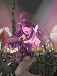 Rule 34 | 3girls, 6+boys, alternate costume, belt, blush, commentary request, cowboy shot, faceless, flag, glowstick, hat, highres, hiyohiyomi, holding, holding glowstick, holding walkie-talkie, hoshino ai (oshi no ko), korean people&#039;s army, korean text, leg up, long hair, military hat, military uniform, multiple boys, multiple girls, north korea, north korean flag, one eye closed, oshi no ko, outdoors, penlight (glowstick), pointing, pointing at viewer, purple eyes, purple hair, reaching, reaching towards viewer, real life, ribbon bar, rocket, solo focus, stage lights, star-shaped pupils, star (symbol), steam, symbol-shaped pupils, translated, uniform, walkie-talkie, watch, workers&#039; party of korea flag, wotagei