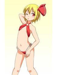 Rule 34 | 1girl, ;o, arm behind head, bikini, blonde hair, breasts, cato (monocatienus), commentary request, gradient background, hair ribbon, looking at viewer, navel, o-ring, o-ring bikini, one eye closed, red bikini, red eyes, ribbon, rumia, short hair, side-tie bikini bottom, simple background, small breasts, solo, swimsuit, touhou, yellow background