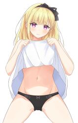 Rule 34 | 1girl, black panties, black ribbon, blonde hair, bow, bow panties, closed mouth, clothes lift, commentary, crotch seam, dress, dress lift, earrings, frown, groin, hair ribbon, highres, invisible chair, jewelry, lifted by self, looking at viewer, medium hair, navel, original, panties, purple eyes, ribbon, salve (lindasakura), short dress, simple background, sitting, solo, underwear, white background, white dress