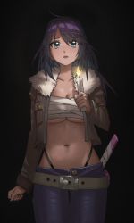 Rule 34 | 1girl, absurdres, belt, black background, black panties, black pants, breasts, brown jacket, candle, collarbone, commentary, fire, fur trim, highres, holding, holding candle, indie virtual youtuber, jacket, kson, large breasts, midriff, navel, open mouth, panties, pants, purple hair, sarashi, sheath, sheathed, solo, souchou, sword, symbol-only commentary, underboob, underwear, virtual youtuber, weapon, white belt, xiaoju xiaojie