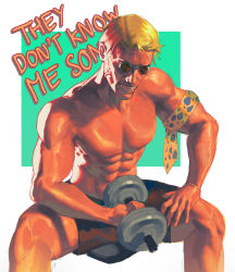 Rule 34 | 1boy, abs, animal print, arm strap, backlighting, bara, biceps, black shorts, blonde hair, clenched teeth, deltoids, dumbbell, elbow on thigh, english text, exercise, feet out of frame, fingernails, forehead, goggles, hand on own thigh, hieumay, highres, holding, holding dumbbell, jujutsu kaisen, knees, leopard print, male focus, muscular, muscular male, nanami kento, nose, parted hair, pectorals, round eyewear, short hair, short shorts, shorts, sitting, solo, spread legs, square, teeth, topless male, two-tone background, veiny face, weightlifting, white background