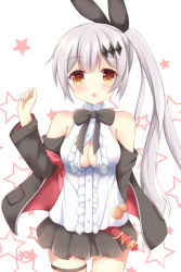 Rule 34 | 1girl, arm behind back, bare shoulders, black bow, black necktie, black skirt, blouse, blush, bow, breasts, brown eyes, cleavage, cowboy shot, five-seven (girls&#039; frontline), girls&#039; frontline, grey hair, kedama (kedama akaza), long hair, looking at viewer, medium breasts, necktie, open mouth, shirt, side ponytail, skirt, solo, standing, thighhighs, white shirt