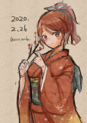 Rule 34 | 1girl, alternate costume, aquila (kancolle), blush, branch, breasts, brown background, brown eyes, bud, dated, floral print, flower, hair ornament, hairclip, highres, holding, japanese clothes, kantai collection, kimono, long sleeves, obi, one-hour drawing challenge, orange hair, ponytail, red kimono, sash, simple background, smile, solo, twitter username, wide sleeves, wss (nicoseiga19993411)