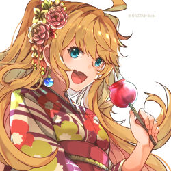 Rule 34 | 1girl, :d, ahoge, alternate costume, alternate hairstyle, blue eyes, candy, candy apple, dragalia lost, earrings, ezelith, fang, flower, food, hair flower, hair ornament, highres, holding, holding candy, holding food, japanese clothes, jewelry, kimono, looking at viewer, open mouth, po pooch, skin fang, smile, solo, twitter username, upper body