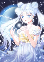 1girl, back bow, bangs, bare shoulders, bishoujo senshi sailor moon, blue eyes, bow, chlora imasayo, collarbone, cowboy shot, crescent facial mark, crying, crying with eyes open, double bun, dress, earrings, facial mark, forehead mark, gem, hair ornament, hairpin, highres, jewelry, long hair, maboroshi no ginzuishou, magic, parted bangs, parted lips, princess serenity, puffy sleeves, solo, strapless, strapless dress, tears, tsukino usagi, twintails, twitter username, white bow, white dress, white hair
