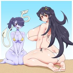 Rule 34 | 2girls, alternate breast size, ass, bare shoulders, barefoot, beach, bikini, black hair, blue hair, blue skin, blush, breasts, butt crack, choker, collarbone, colored skin, covering privates, covering crotch, filia (skullgirls), grimace, grin, hair over one eye, highres, large breasts, leviathan (skullgirls), long hair, mannungei, multiple girls, navel, open mouth, red eyes, samson (skullgirls), sand, side-tie bikini bottom, side ponytail, sitting, skullgirls, slit pupils, smile, squigly (skullgirls), stitched mouth, stitches, sweatdrop, swimsuit, zombie