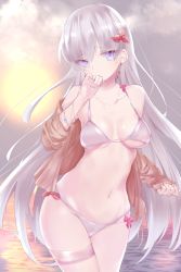 Rule 34 | 1girl, anastasia (fate), bikini, bow, bracelet, breasts, cloud, collarbone, covering own mouth, cowboy shot, earrings, eyes visible through hair, fate/grand order, fate (series), flower, hair flower, hair ornament, highres, jewelry, long hair, long sleeves, looking at viewer, medium breasts, navel, ocean, off shoulder, open clothes, open shirt, outdoors, pink bow, sai (saipoko), silver bikini, silver hair, sleeves past wrists, solo, strap gap, swimsuit, thigh strap, very long hair
