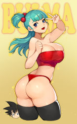 Rule 34 | 1boy, 1girl, ass, black hair, black thighhighs, blue eyes, blue hair, blush, breasts, bulma, character name, cropped legs, dragon ball, dragon ball (classic), gurimjang, highres, large breasts, looking back, open mouth, panties, red panties, red tube top, shiny skin, side ponytail, smile, son goku, spiked hair, strapless, thighhighs, thighs, tube top, underwear, v, yellow background
