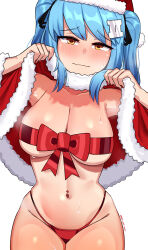 Rule 34 | 1girl, absurdres, bikini, blue hair, blush, breasts, capelet, cleavage, closed mouth, collarbone, embarrassed, frown, hat, highres, large breasts, looking at viewer, navel piercing, orange eyes, original, peps art, piercing, red bikini, red capelet, red nails, red ribbon, ribbon, ribbon bra, santa hat, simple background, solo, sweat, swimsuit, twintails, white background