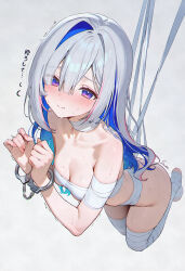 1girl amane_kanata artist_request bandages blue_eyes blue_hair blush cuffs handcuffed handcuffs hands_up hololive long_hair looking_at_viewer multicolored_hair sachi_sachiko solo sweat virtual_youtuber white_hair