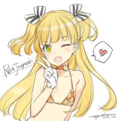 Rule 34 | 10s, 1girl, 2015, ;d, artist name, bad id, bad twitter id, bikini, blonde hair, character name, character signature, choker, collarbone, dated, earrings, fang, gloves, hair ribbon, heart, idolmaster, idolmaster cinderella girls, inactive account, jewelry, jougasaki rika, long hair, one eye closed, ooyari ashito, open mouth, orange bikini, print bikini, ribbon, signature, simple background, sketch, smile, solo, spoken heart, swimsuit, symbol-shaped pupils, timestamp, twintails, two side up, upper body, v, white background, white gloves, yellow eyes