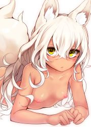 Rule 34 | 1girl, animal ears, blush, breasts, collarbone, fox ears, fox tail, highres, long hair, looking at viewer, lying, nipples, no nose, nude, on stomach, original, otokuyou, small breasts, solo, tail, white hair, yellow eyes