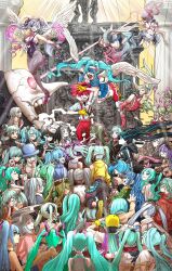 1925_(vocaloid) 6+girls alternate_costume alternate_hair_color animal_ears annotation_request aqua_hair arm_ribbon arm_up ayashi_enotami backwards_hat bare_shoulders baseball_cap black_hair black_jacket black_necktie black_ribbon black_rock_shooter black_rock_shooter_(character) bleach blue_dress blue_eyes boots bottle censored censored_identity clothing_cutout conflict_(module) copyright_request crack cropped_hoodie crown cuffs donut dress drill_hair drinking earmuffs eating ene_(kagerou_project) eye_beam fake_meme_(vocaloid) feathered_wings fitness_boxing_feat._hatsune_miku:_isshoni_exercise floating_hair flower flying food frilled_skirt frills from_behind gauze gauze_on_cheek gloves glowing glowing_eyes green_hair green_jacket grey_hair grey_pants grin hair_flower hair_ornament hair_ribbon handcuffs hat hatsune_miku hatsune_miku_(bless_you) hatsune_miku_(ichi_no_sakura_oka) hatsune_miku_(supreme) hatsune_miku_(urban_pop) headphones hibana_(vocaloid) highres holding holding_bottle holding_donut holding_food holding_mask hood hood_down hooded_jacket hoodie jacket kagerou_project kamippoina_(vocaloid) karakuri_pierrot_(vocaloid) kasane_teto kimagure_mercy_(vocaloid) leotard long_hair looking_at_viewer marionette mask matryoshka_(vocaloid) menos_grande mesmerizer_(vocaloid) mini_crown multiple_girls multiple_persona musunde_hiraite_rasetsu_to_mukuro_(vocaloid) necktie nisoku_hokou_(vocaloid) nontraditional_playboy_bunny nun odds_&amp;_ends_(vocaloid) open_mouth pants pantyhose parody_request pinstripe_dress pinstripe_pattern ponytail poppippoo_(vocaloid) project_diva_(series) puppet purple_hair rabbit_ears rabbit_hole_(vocaloid) red_eyes red_footwear red_hair red_jacket red_pants red_skirt ren&#039;ai_saiban_(vocaloid) ribbon roller_skates romeo_to_cinderella_(vocaloid) scarf shirt shoes short_hair short_sleeves shoulder_cutout skates skirt sleeveless sleeveless_shirt smile sneakers spread_wings standing statue striped_clothes striped_shirt suna_no_wakusei_(vocaloid) suspenders tokumei_m_(vocaloid) tongue tongue_out track_jacket twin_drills twintails upside-down ura-omote_lovers_(vocaloid) utau vampire vampire_(vocaloid) vegetable_juice very_long_hair visor_cap vocaloid white_scarf white_shirt wide_shot wings world_is_mine_(vocaloid) yellow_gloves yellow_hat yellow_hoodie yuki_miku yuki_miku_(2011) yuki_miku_(2024)