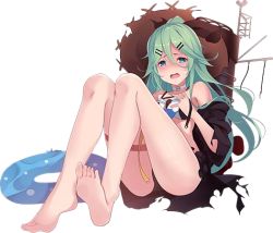 Rule 34 | 1girl, armlet, barefoot, black ribbon, blue ribbon, full body, furisode, green eyes, green hair, hair between eyes, hair flaps, hair ornament, hair ribbon, hairclip, hat, innertube, japanese clothes, kantai collection, kimono, kujou ichiso, long hair, lowres, machinery, official art, parted bangs, ponytail, ribbon, sidelocks, solo, straw hat, swim ring, swimsuit, tears, torn clothes, transparent background, yamakaze (kancolle)