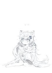 Rule 34 | 1girl, aged down, animal ears, arknights, barefoot, full body, greyscale, hair ornament, hairclip, highres, lappland (arknights), looking up, messy hair, monochrome, oversized clothes, parted lips, sato (lappysuki), scar, scar across eye, simple background, sketch, solo, tail