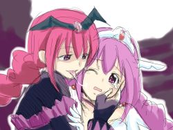 Rule 34 | 10s, 2girls, bad end happy, bad end precure, bat wings, bodysuit, cure happy, dark persona, fingerless gloves, frills, gem, gloves, hand on another&#039;s face, highres, hoshizora miyuki, licking, magical girl, multiple girls, one eye closed, open mouth, pink eyes, pink hair, precure, sketch, smile precure!, suna nezumi, tears, tiara, tongue, tongue out, wings, wink, yuri