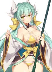 Rule 34 | 1girl, adapted costume, aqua hair, bad id, bad pixiv id, bare shoulders, bikini, blush, braid, breasts, collarbone, fate/grand order, fate (series), green eyes, hair between eyes, hair ornament, halterneck, japanese clothes, jitome, kimono, kiyohime (fate), kiyohime (swimsuit lancer) (first ascension) (fate), large breasts, light smile, long hair, looking at viewer, parted lips, pokoten (pokoten718), shiny skin, sideboob, silver hair, swimsuit, thighhighs, thighs, twintails, very long hair, white thighhighs, wide sleeves, yellow bikini