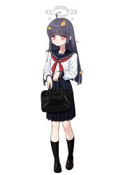 Rule 34 | 1girl, 28 (282teeth), absurdres, bag, black footwear, black hair, black sailor collar, black skirt, black socks, blue archive, blush, bright pupils, closed mouth, full body, grey halo, halo, highres, holding, holding bag, kneehighs, leaf, leaf on head, long hair, long sleeves, looking at viewer, miyu (blue archive), neckerchief, pleated skirt, red eyes, red neckerchief, sailor collar, school uniform, serafuku, shoes, simple background, skirt, socks, solo, white background, white pupils
