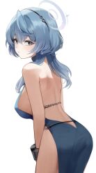 Rule 34 | 1girl, absurdres, ako (blue archive), ako (dress) (blue archive), back, backless dress, backless outfit, bare shoulders, blue archive, blue dress, blue eyes, blue hair, blue halo, breasts, dress, from behind, hairband, halo, hashtag-only commentary, highres, large breasts, looking back, maya (gpmp3825), medium hair, side slit, simple background, solo, white background