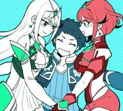 Rule 34 | 1boy, 2girls, armor, bare shoulders, blush, breasts, cleavage, cleavage cutout, clothing cutout, covered navel, dress, earrings, elbow gloves, fingerless gloves, gem, gloves, group hug, hair ornament, headpiece, hug, jewelry, large breasts, long hair, mimiw, multiple girls, mythra (xenoblade), nintendo, pyra (xenoblade), red hair, red shorts, rex (xenoblade), shirt, short hair, short shorts, shorts, shoulder armor, swept bangs, tiara, very long hair, white dress, xenoblade chronicles (series), xenoblade chronicles 2