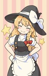 Rule 34 | 1girl, apron, berazasu, black hat, black vest, blonde hair, bow, braid, closed eyes, closed mouth, commentary request, cookie (touhou), facing viewer, hair bow, hands on own hips, hat, hat bow, highres, kirisame marisa, long hair, red bow, side braid, single braid, smile, solo, star (symbol), striped, striped background, suzu (cookie), touhou, vest, white apron, white bow, witch hat