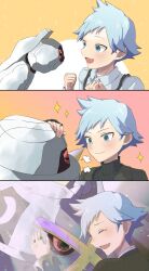 Rule 34 | 1boy, 3koma, :d, aged down, alternate color, anidf, beldum, blue hair, blush, clenched hands, closed eyes, closed mouth, collared shirt, comic, commentary request, creatures (company), game freak, gen 3 pokemon, hand up, headpat, highres, jacket, jewelry, long sleeves, male focus, metagross, metang, nintendo, open mouth, pokemon, pokemon (creature), pokemon oras, ring, shiny pokemon, shirt, short hair, smile, sparkle, steven stone, suspenders, sweater