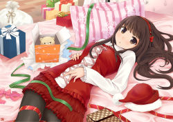 Rule 34 | 1girl, bow, box, brown eyes, brown hair, christmas, gift, hairband, hand on own stomach, hat, long hair, looking at viewer, lying, nail polish, okiru, on back, on side, original, pantyhose, parted lips, ribbon, sack, santa hat, skirt, solo, stuffed animal, stuffed toy, teddy bear
