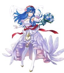 Rule 34 | 1girl, blue eyes, blue flower, blue hair, boots, bouquet, breasts, bridal veil, cleavage, detached collar, dress, elbow gloves, feather trim, female focus, fire emblem, fire emblem: the binding blade, fire emblem heroes, flower, full body, gloves, gold trim, hair ornament, highres, holding, holding bouquet, kaya8, lilina (fire emblem), long hair, matching hair/eyes, medium breasts, nintendo, non-web source, official alternate costume, official art, sidelocks, solo, thigh boots, thighhighs, transparent background, veil, wedding dress, white dress, white flower, white gloves, white thighhighs