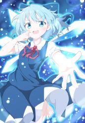 Rule 34 | 1girl, :d, absurdres, ahoge, aqua eyes, aqua hair, blue background, blue bow, blue dress, blush, bow, cirno, collared shirt, cowboy shot, do (4-rt), dress, glowing, hair bow, hands up, highres, ice, ice wings, leg up, light blush, looking at viewer, messy hair, neck ribbon, open mouth, outstretched arm, puffy short sleeves, puffy sleeves, red ribbon, ribbon, shirt, short hair, short sleeves, simple background, smile, solo, teeth, toes, tongue, touhou, upper teeth only, white shirt, wings