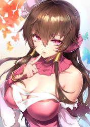 Rule 34 | 1girl, absurdres, breasts, brown hair, character request, cleavage, copyright request, detached collar, finger to mouth, hair tubes, highres, large breasts, lips, long hair, looking at viewer, pink eyes, shanyao jiang tororo, solo, upper body