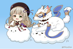 Rule 34 | 1girl, :3, :d, animal, blue background, braid, brown dress, brown eyes, brown hair, brown headwear, chibi, closed mouth, cloud, commentary request, detached sleeves, dress, erune, closed eyes, granblue fantasy, green eyes, hakutaku (granblue fantasy), hat, heterochromia, long hair, long sleeves, looking at viewer, mitya, open mouth, outstretched arm, parted lips, pholia, short eyebrows, sleeveless, sleeveless dress, sleeves past wrists, smile, solid circle eyes, sweat, teeth, thick eyebrows, twitter username, upper teeth only, v-shaped eyebrows, very long hair, white sleeves, white wolf, wide sleeves, wolf