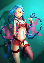 Rule 34 | 1girl, :p, alonsword, asymmetrical legwear, bare shoulders, bikini, bikini top only, blue hair, braid, breasts, chan qi (fireworkhouse), cleavage, highres, jinx (league of legends), league of legends, long hair, midriff, mismatched legwear, nail polish, navel, playing with own hair, red eyes, short shorts, shorts, small breasts, solo, swimsuit, tattoo, thighhighs, tongue, tongue out, very long hair