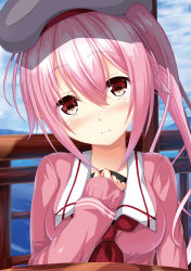 Rule 34 | 1girl, absurdres, amaya kyou, beret, breasts, hand on own chest, harusame (kancolle), hat, highres, kantai collection, looking at viewer, medium breasts, pink hair, pink sweater, red eyes, sailor collar, side ponytail, sidelocks, sweater, wavy mouth