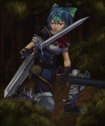 Rule 34 | circled 9, 1girl, armor, bandana, belt, blue eyes, blue hair, boots, bow, breastplate, cirno, cosplay, double-blade, expressionless, fingerless gloves, fire emblem, fire emblem: path of radiance, fire emblem: radiant dawn, gloves, hair bow, headband, highres, holding, holding sword, holding weapon, ike (cosplay), ike (fire emblem), ipikachu, knight, looking afar, matching hair/eyes, nintendo, outdoors, ribbon, serious, sheath, short hair, smile, solo, sword, touhou, vento, weapon