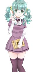 Rule 34 | 1girl, :o, aqua eyes, aqua hair, black thighhighs, blunt bangs, blush, book, bow, bowtie, chinese text, corset, cowboy shot, dress, fk, frills, futaba sana, glasses, hand up, head tilt, highres, holding, holding book, layered sleeves, leon ahp, long sleeves, looking at viewer, magia record: mahou shoujo madoka magica gaiden, mahou shoujo madoka magica, purple dress, purple thighhighs, round eyewear, short over long sleeves, short sleeves, simple background, solo, standing, standing on one leg, thighhighs, two side up, wavy hair, white background, zettai ryouiki