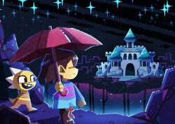 Rule 34 | 1other, = =, absurdres, androgynous, blue shorts, blue sweater, brown footwear, brown hair, building, castle, child, closed eyes, colored skin, commentary request, creature, expressionless, frisk (undertale), from side, highres, holding, holding umbrella, long sleeves, monster kid (undertale), night, night sky, open mouth, other focus, outdoors, scenery, short hair, shorts, sideways mouth, sky, standing, star (sky), starry sky, sweater, umbrella, undertale, watawata22, wide shot, yellow skin