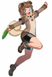 Rule 34 | androgynous, animal ears, bandaid, bandaid on knee, bandaid on leg, black shorts, blue eyes, brown hair, brown shirt, creatures (company), dog ears, dog tail, fangs, frisbee, game freak, gen 7 pokemon, gender request, highres, layered sleeves, nintendo, outstretched arms, paw print, personification, pokemon, pokemon sm, rockruff, shirt, short hair, shorts, smile, spacezin, tail, white background