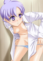 Rule 34 | 1girl, anabel (pokemon), bent over, blush, breasts, censored, convenient censoring, covering privates, creatures (company), fingernails, frontier brain, game freak, groin, hayami kyuuen, leaning forward, nintendo, nipples, open clothes, open shirt, panties, panty pull, pokemon, purple eyes, purple hair, shirt, short hair, solo, striped clothes, striped panties, sweat, underwear, undressing